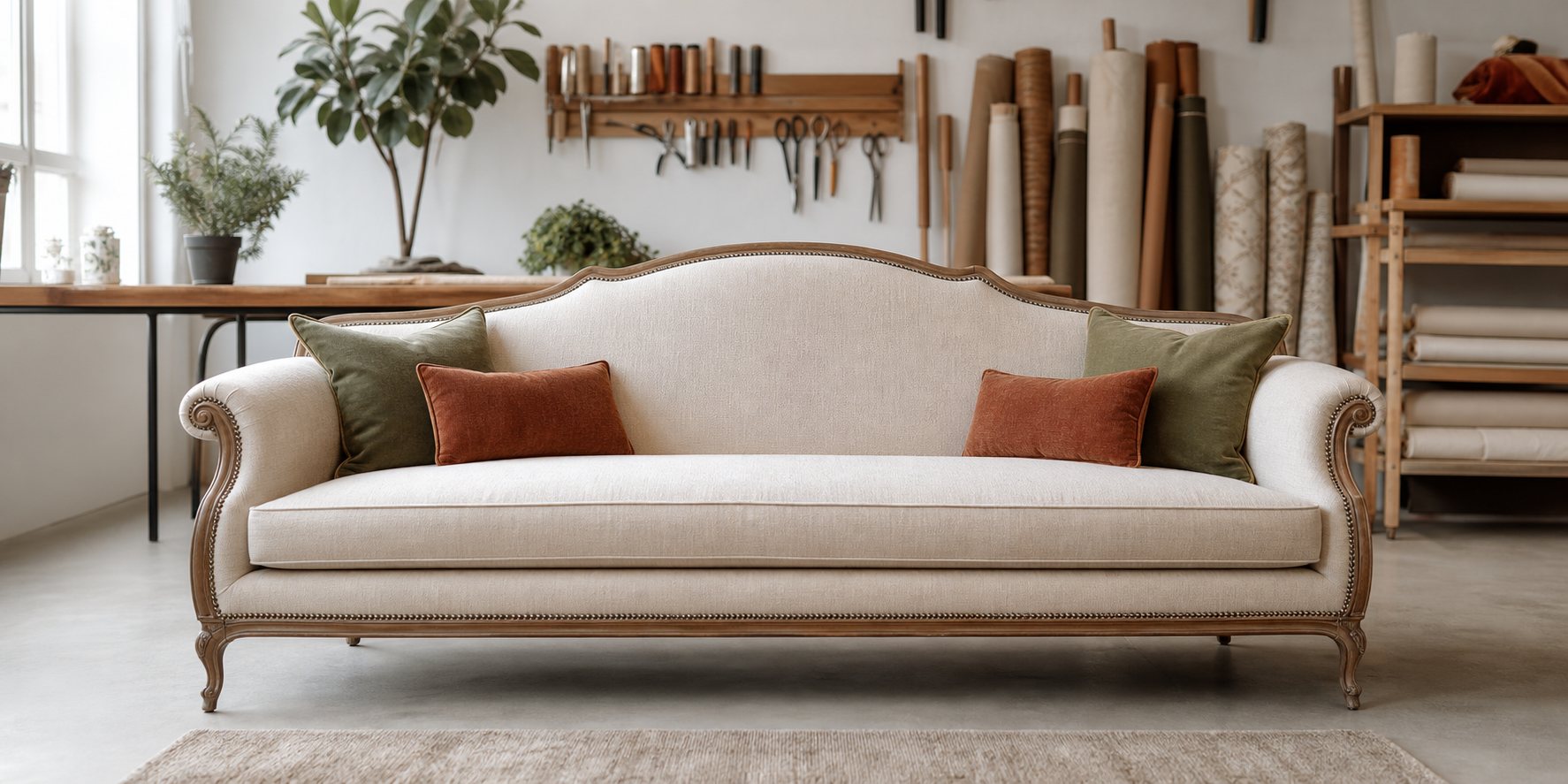 Elegancka odnowiona sofa w jasnej pracowni tapicerskiej w Roszycach